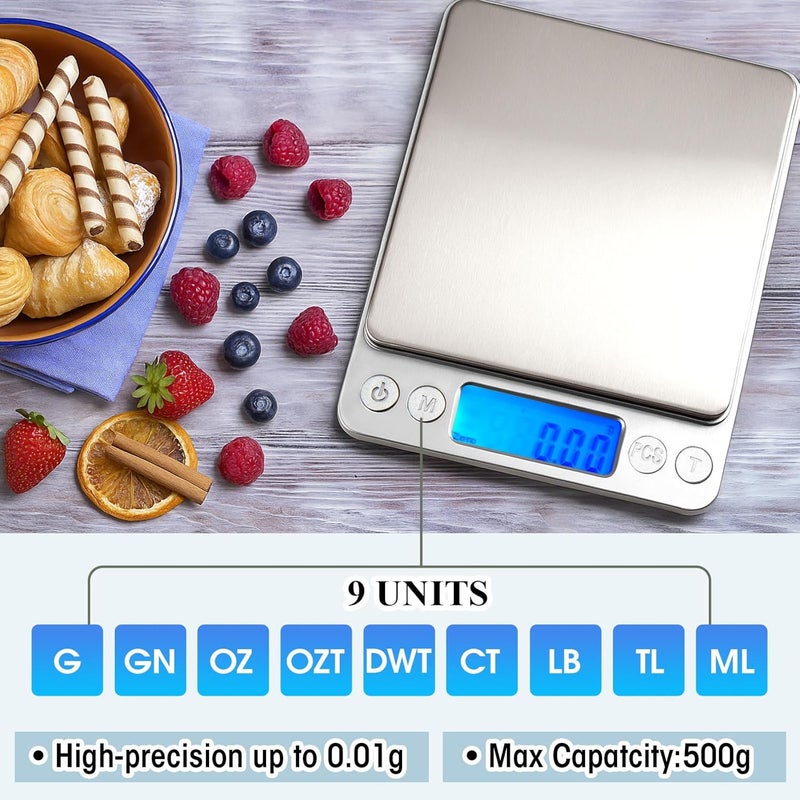 Copkim 2 Pack Digital Gram Scale 500g/0.01g, Portable Jewelry Food Scale with 20g Calibration Weight Accessories, Tweezers, LCD Display High Precision Kitchen Multifunctional Stainless Steel - Image 4